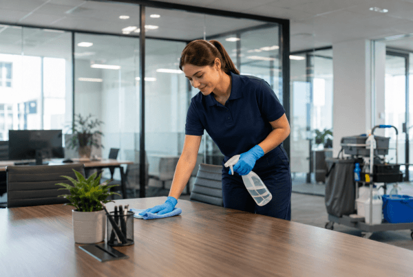 Cleaner sanitising office desk and touchpoints